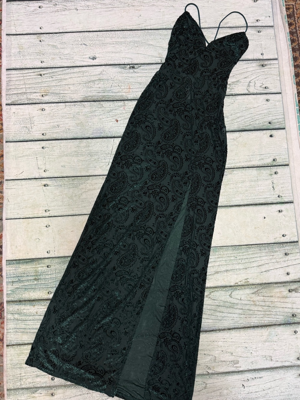 Lucy in the sky green velvet burnout paisley pattern high front slit maxi dress.